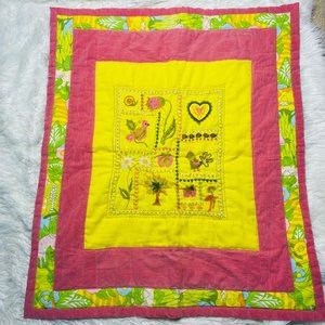 Vintage Handmade Embroiderd Felted Quilt  Baby Lap Flowerpower 60's